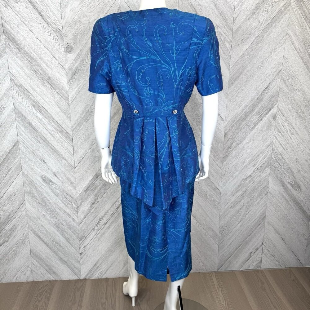 VTG 80s Skirt Suit Set Glam Power Cocktail Party Business Blue Rhinestone M/L - Picture 5 of 14